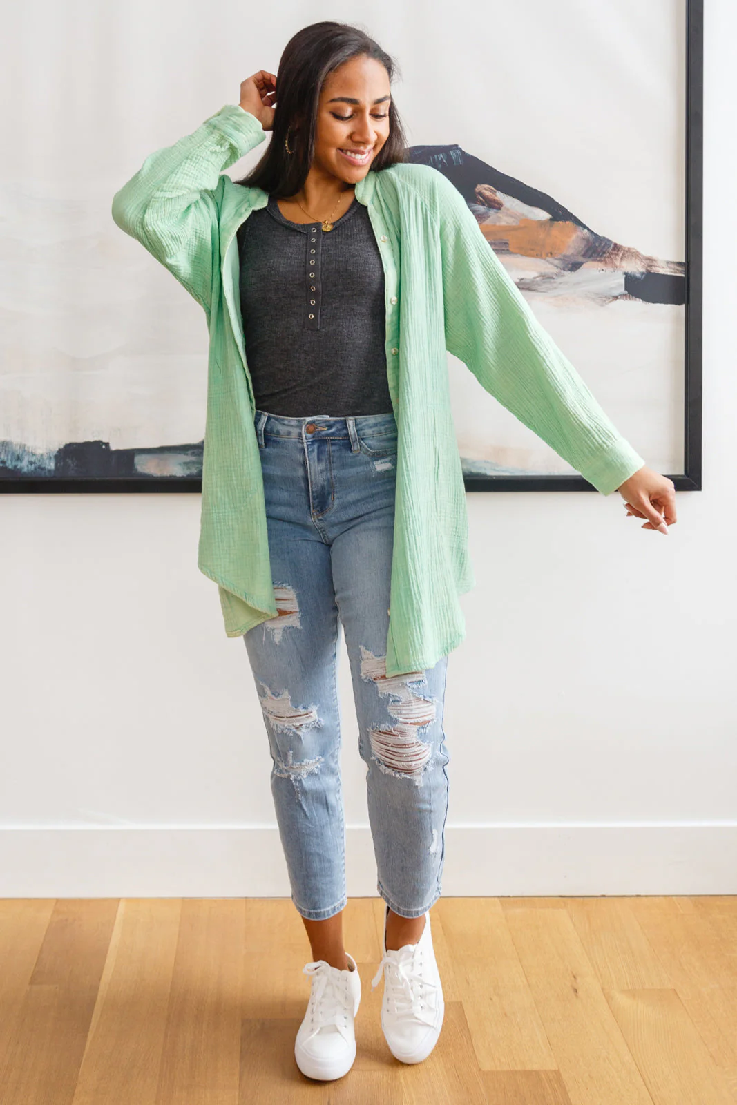 Corey Button Up Top In Vintage Green - Makeswep