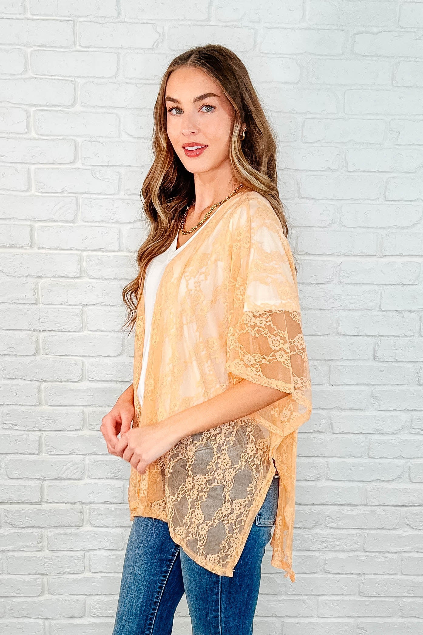 Good Days Ahead Lace Kimono In Peach - Makeswep