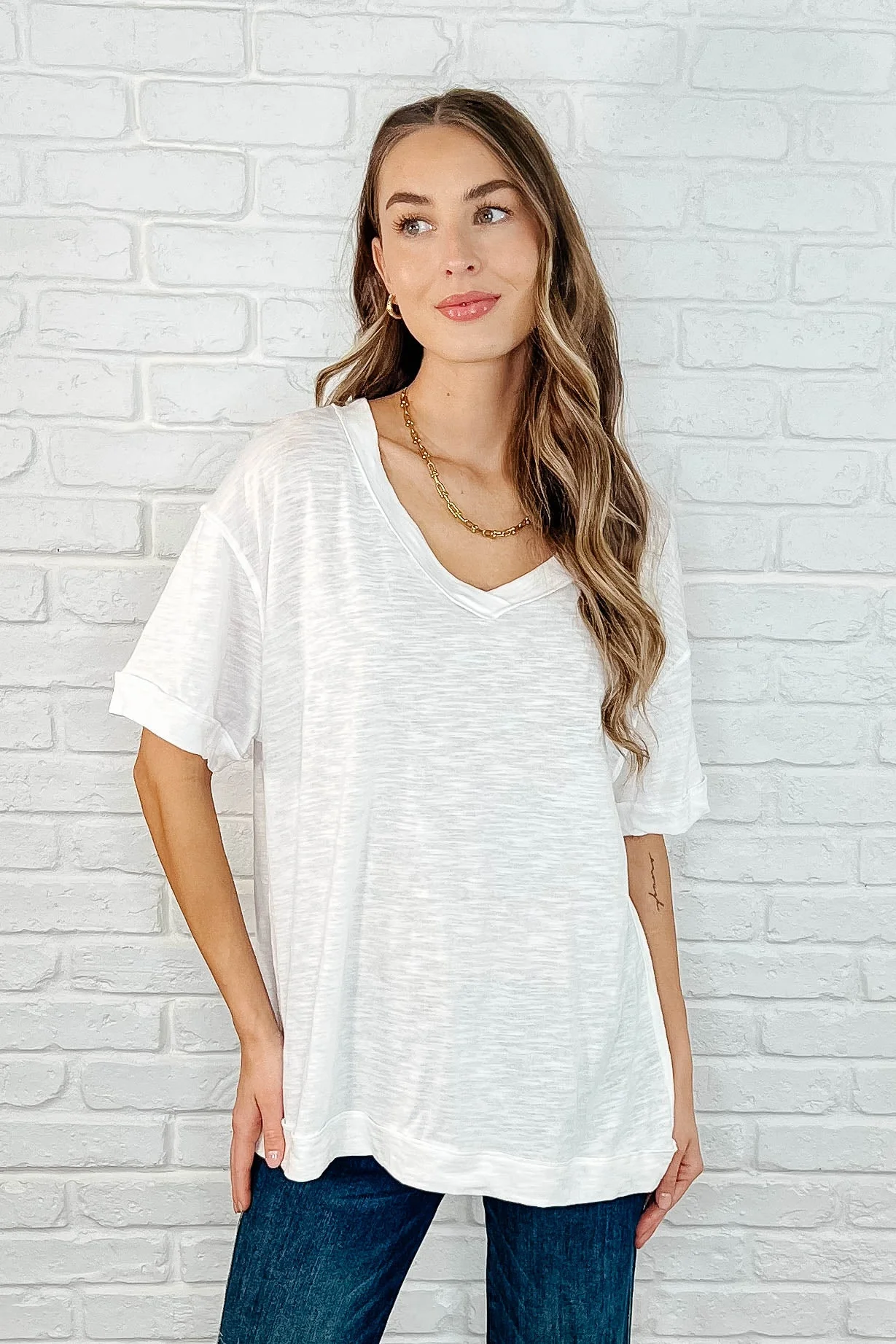 Basic Instinct Drop Shoulder V-Neck Tee in Ivory - Makeswep