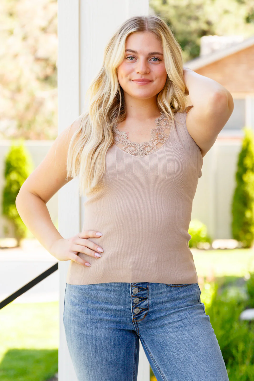 I Can Love You Better Lace Tank in Taupe - Makeswep
