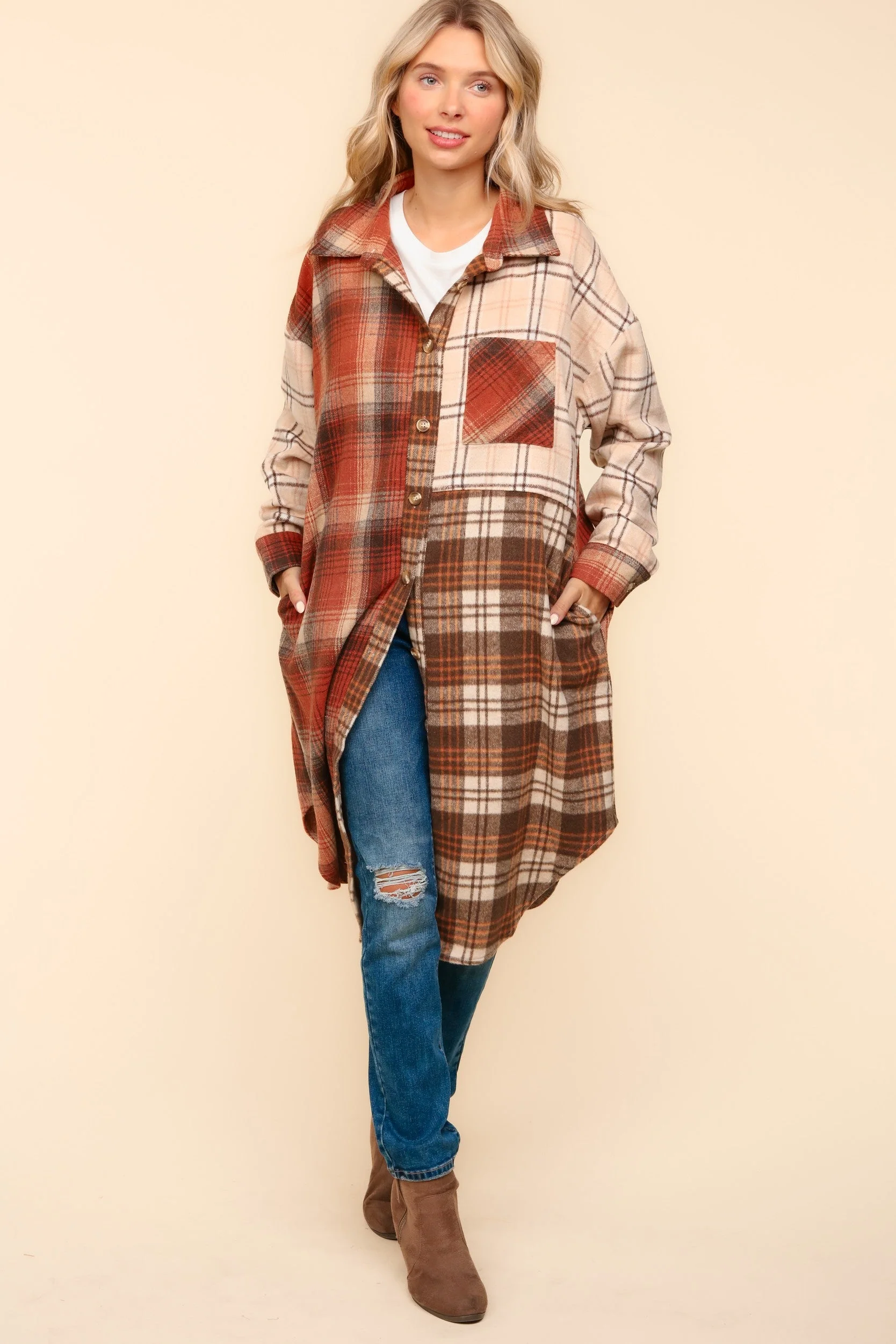 Flannel Plaid Oversized Shacket with Pockets - Makeswep