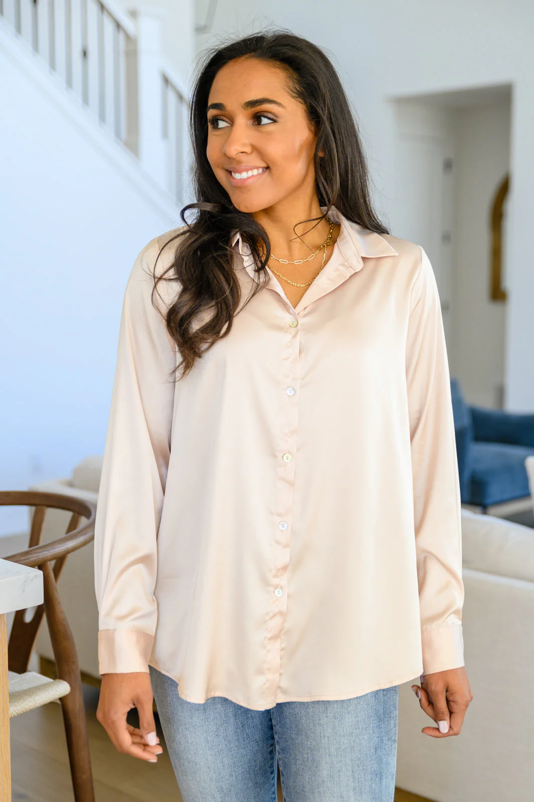 Loved For Years Satin Button Up In Beige - Makeswep