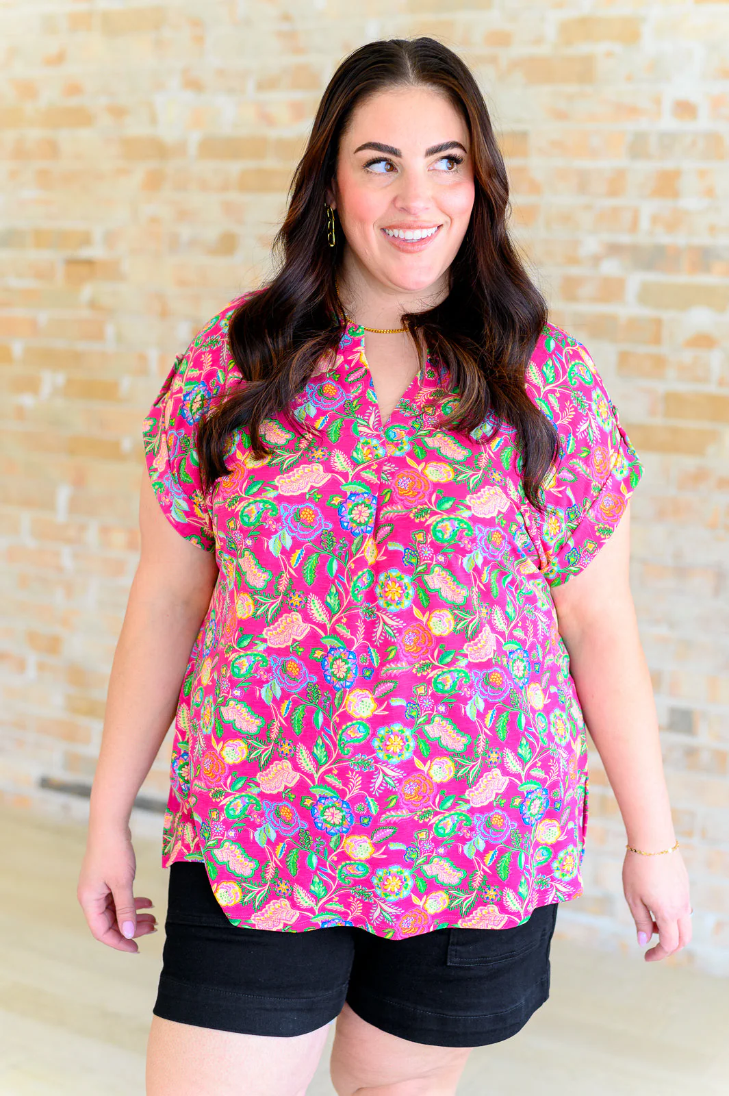Lizzy Cap Sleeve Top in Fuchsia and Green Floral Paisley - Makeswep